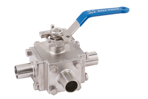 Stainless Steel 3 Way T Ported Hygienic Butt Weld OD Direct Mount Ball Valve