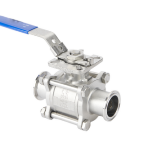 Clamp-end stainless steel three-piece ball valve with blue lever