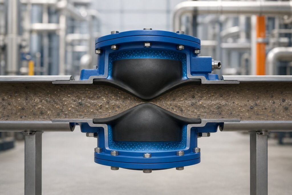 Cutaway illustration of a pneumatic pinch valve compressing an elastomer sleeve around abrasive slurry.