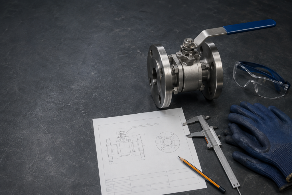 A flanged industrial ball valve beside a specification drawing, caliper, pencil, gloves and safety glasses on a workshop bench.