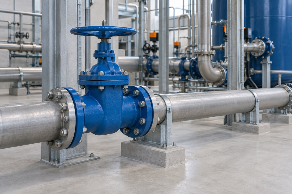 Blue handwheel-operated isolation valve between steel pipe sections in an indoor water-treatment pipe gallery.