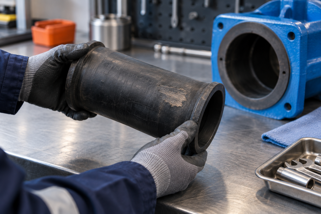 Gloved technician inspecting a worn black pinch-valve sleeve beside an unbranded blue valve housing on a workshop bench.