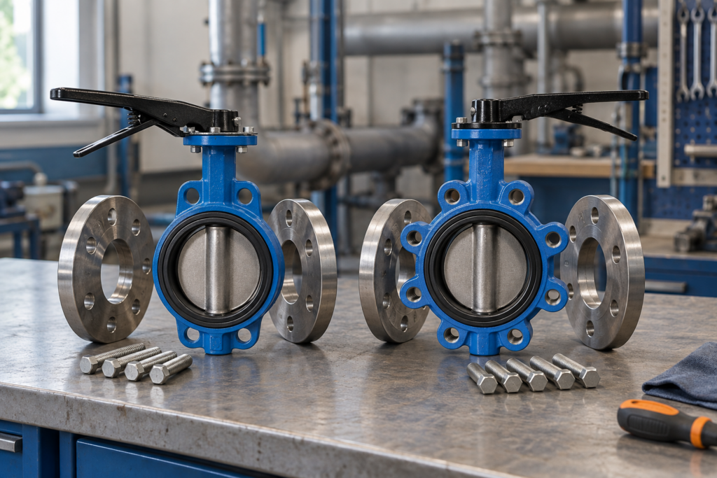 Unbranded blue wafer and lugged butterfly valves displayed with flanges and bolts on an industrial maintenance bench.