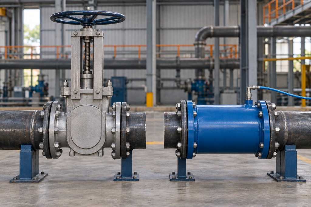 Unbranded slurry knife gate and pneumatic pinch valve shown on separate supported pipe sections in an industrial maintenance bay.