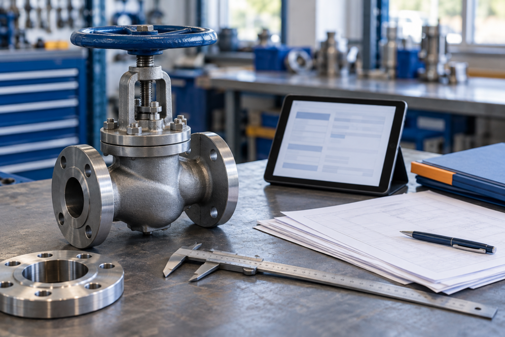 Unbranded flanged valve with a tablet, drawings and measuring tools on an engineering workbench.