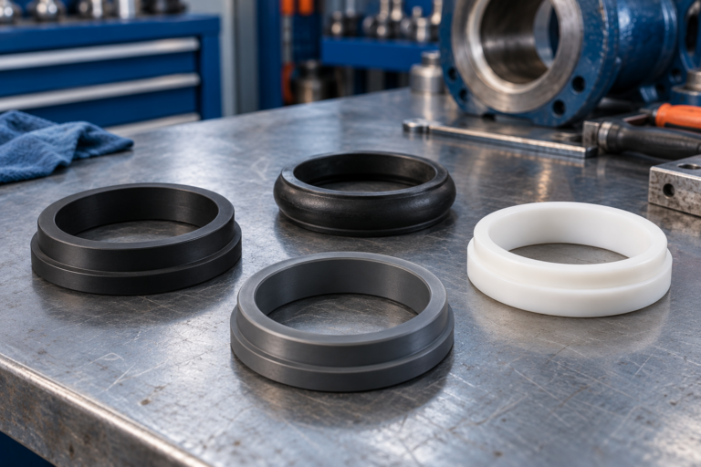 Four unbranded valve seat rings with different finishes arranged on an engineering workbench.