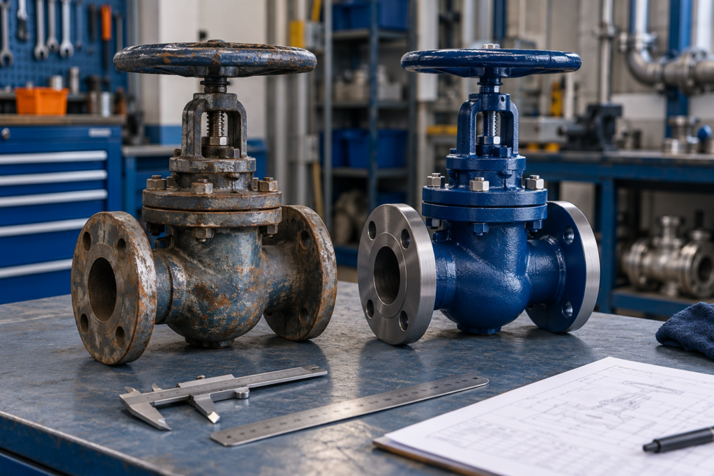 An older flanged valve and a clean replacement candidate beside measuring tools on a workshop bench.
