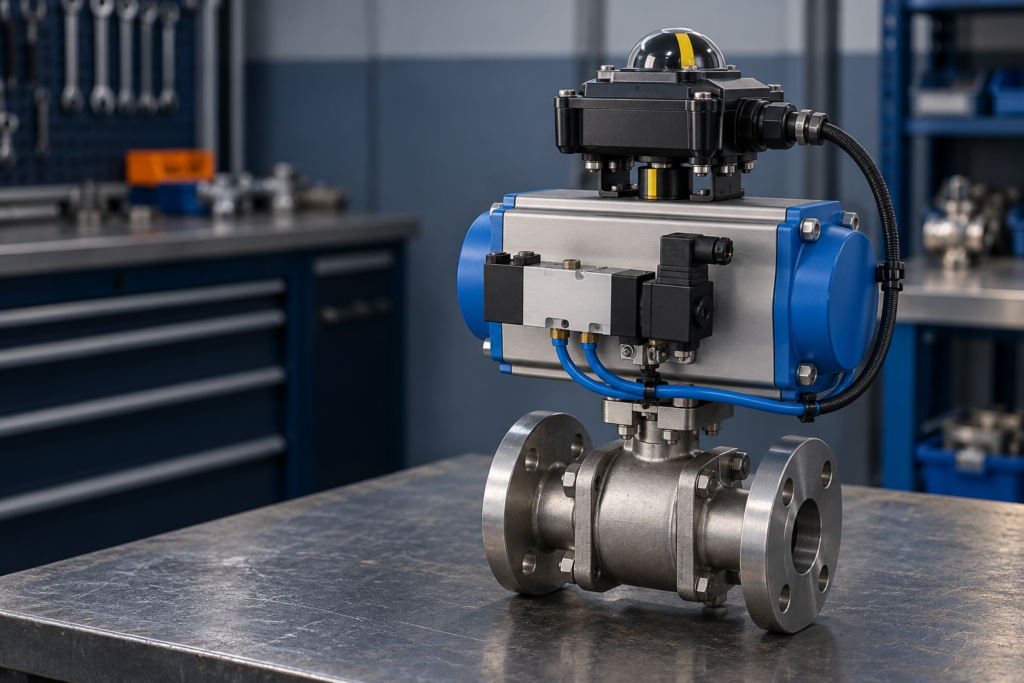 Unbranded pneumatic valve actuator with a side-mounted solenoid and top-mounted switchbox on a workshop bench.