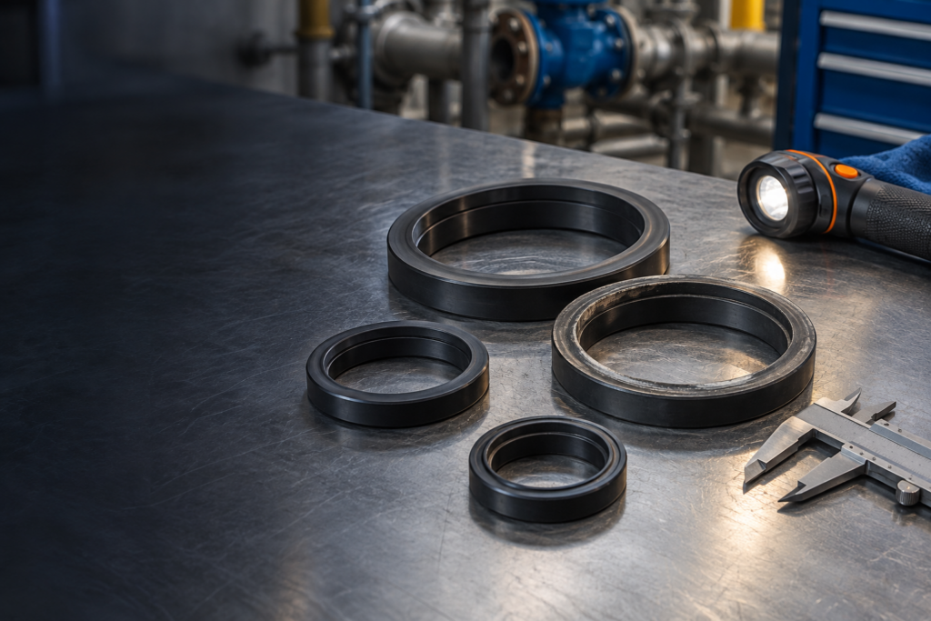 Unbranded valve seat rings under inspection on a steel maintenance bench, with one showing modest surface wear.